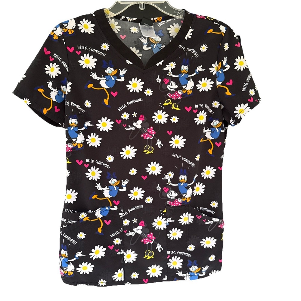 DISNEY Hello Sunshine Medical Scrub Top Daisy Minnie Vet V Neck WOMENS SIZE S